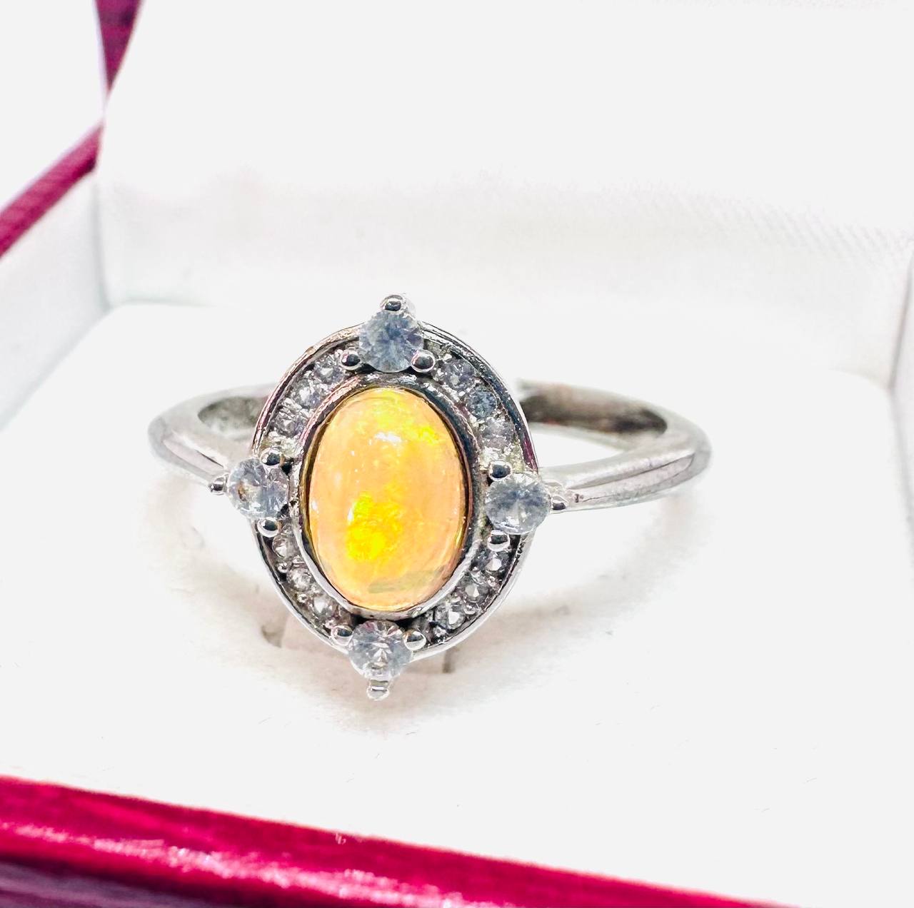 925 Sterling Silver, White Gold Plated Natural Opal Ring with Swiss Diamonds — Handcrafted 2