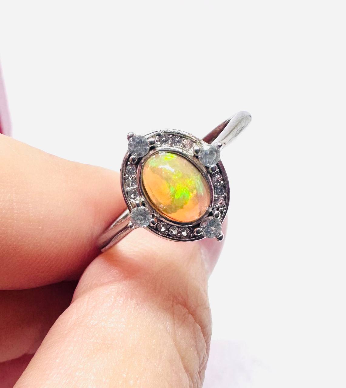 925 Sterling Silver, White Gold Plated Natural Opal Ring with Swiss Diamonds — Handcrafted 3