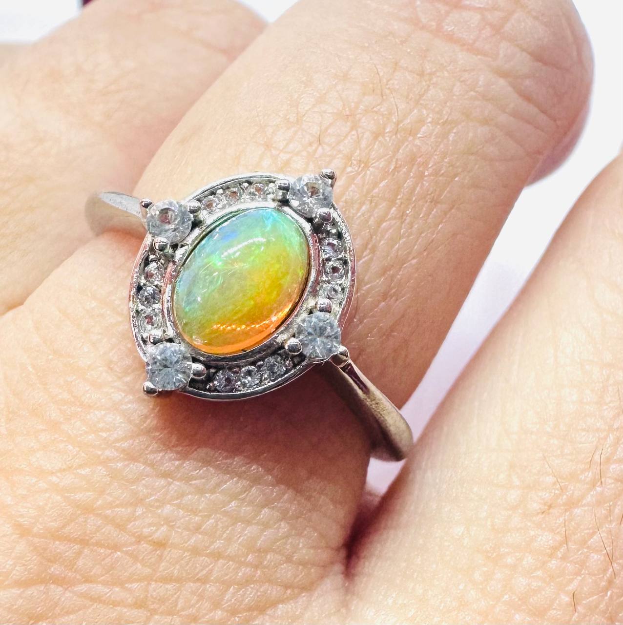 925 Sterling Silver, White Gold Plated Natural Opal Ring with Swiss Diamonds — Handcrafted 4
