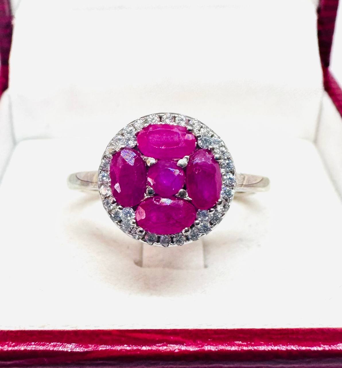 925 Sterling Silver, White Gold Plated Natural Burmese Ruby Ring with Swiss Diamonds — Handcrafted