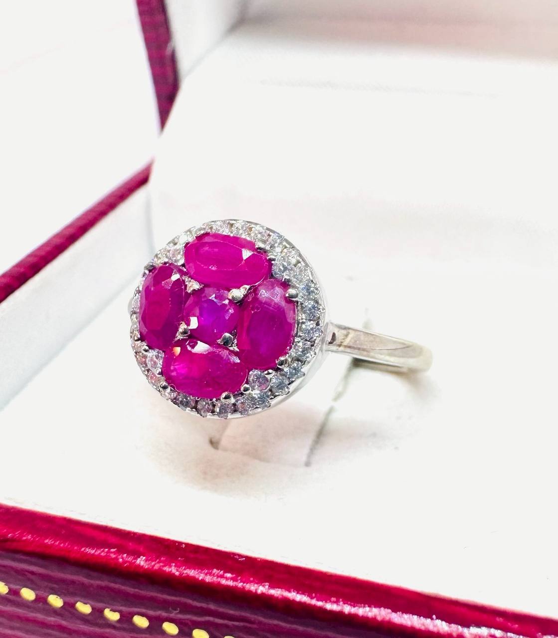 925 Sterling Silver, White Gold Plated Natural Burmese Ruby Ring with Swiss Diamonds — Handcrafted 2