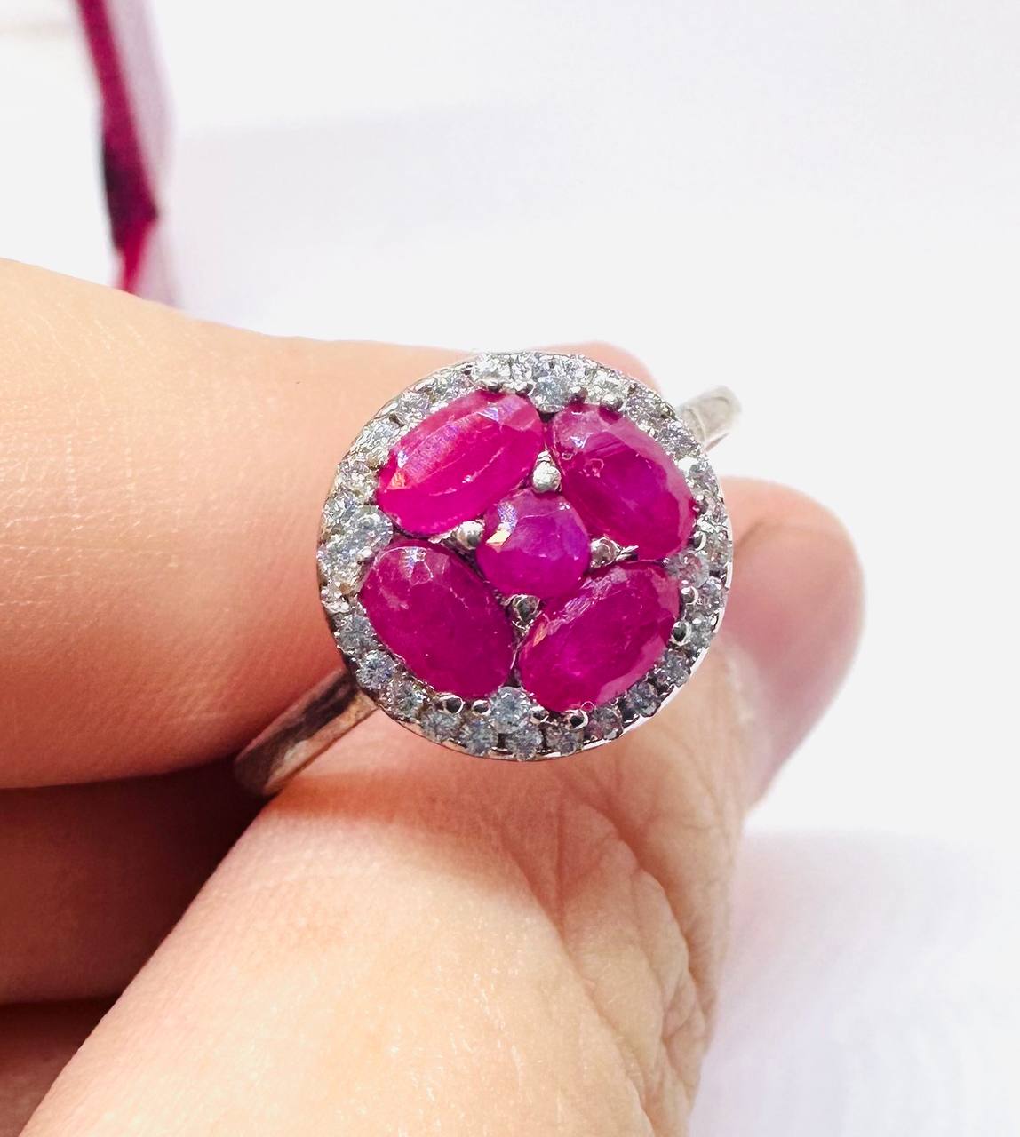 925 Sterling Silver, White Gold Plated Natural Burmese Ruby Ring with Swiss Diamonds — Handcrafted 3