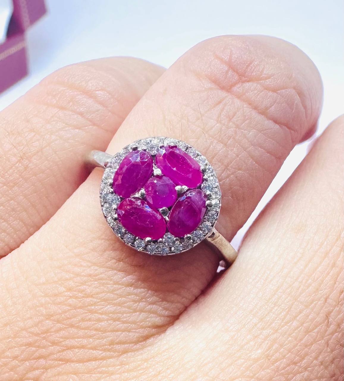 925 Sterling Silver, White Gold Plated Natural Burmese Ruby Ring with Swiss Diamonds — Handcrafted 4