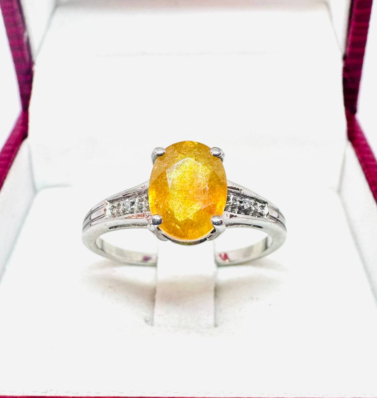 925 Sterling Silver (Stamped), White Gold Plated Natural Yellow Sapphire Ring with Swiss Diamonds — Handcrafted