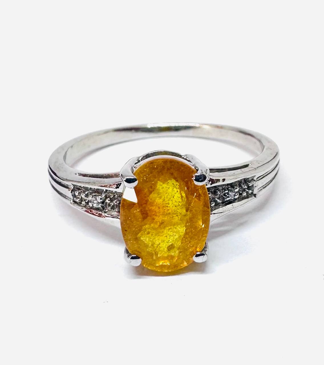 925 Sterling Silver (Stamped), White Gold Plated Natural Yellow Sapphire Ring with Swiss Diamonds — Handcrafted 2