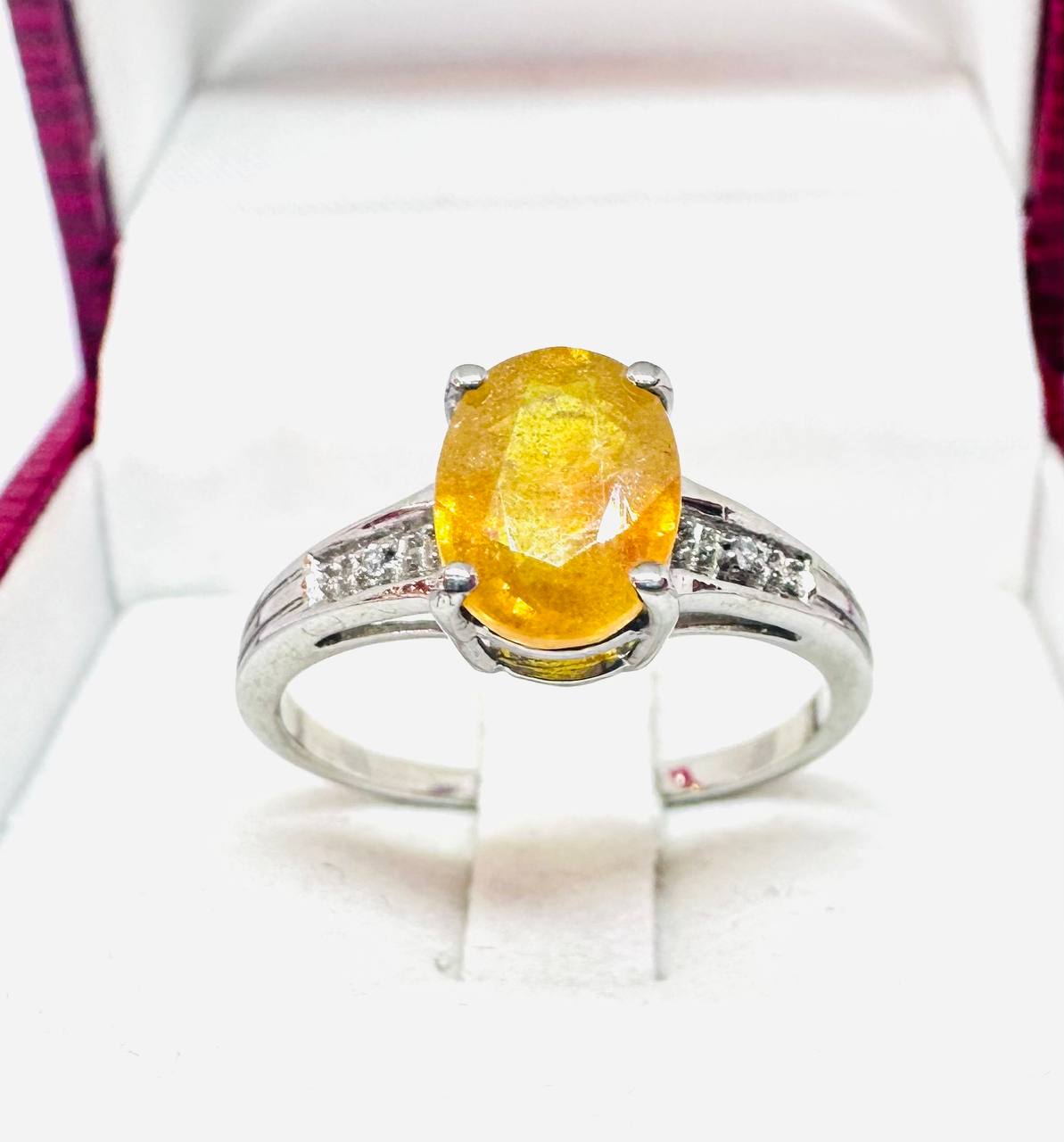 925 Sterling Silver (Stamped), White Gold Plated Natural Yellow Sapphire Ring with Swiss Diamonds — Handcrafted 3