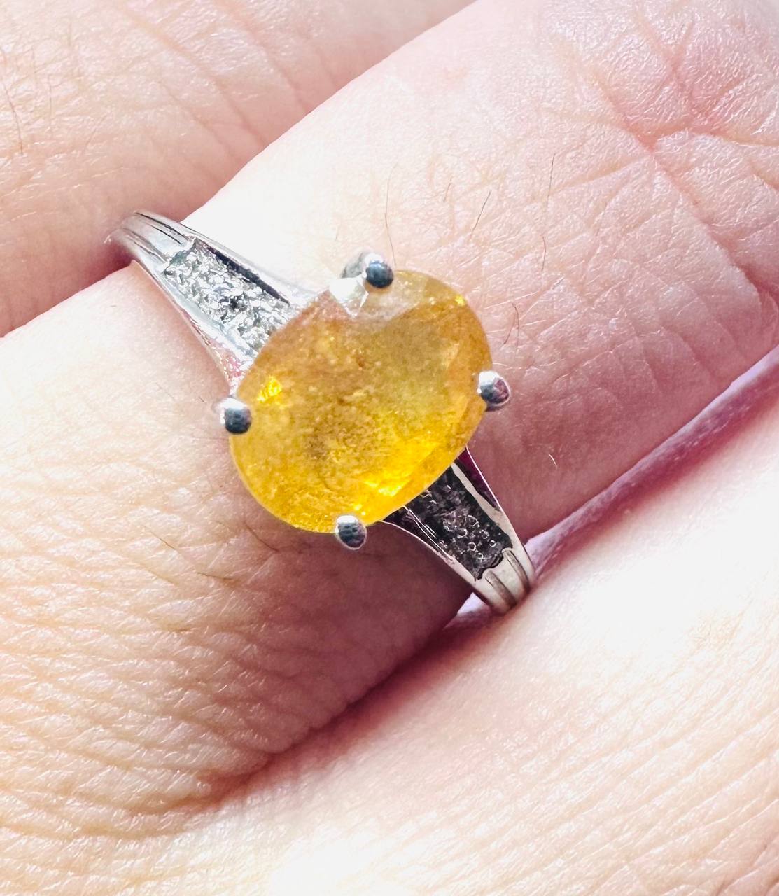 925 Sterling Silver (Stamped), White Gold Plated Natural Yellow Sapphire Ring with Swiss Diamonds — Handcrafted 4