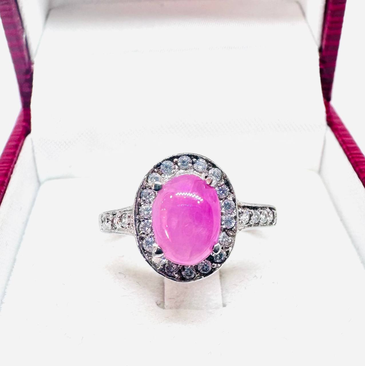 925 Sterling Silver (Stamped), White Gold Plated Natural Cabochon Ruby Ring — Handcrafted