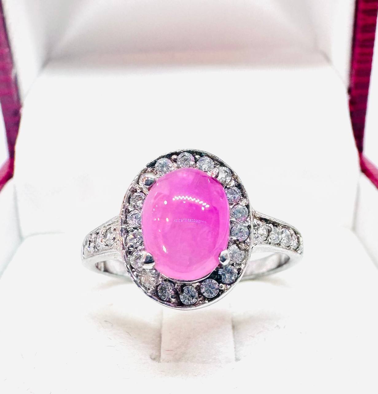 925 Sterling Silver (Stamped), White Gold Plated Natural Cabochon Ruby Ring — Handcrafted 3