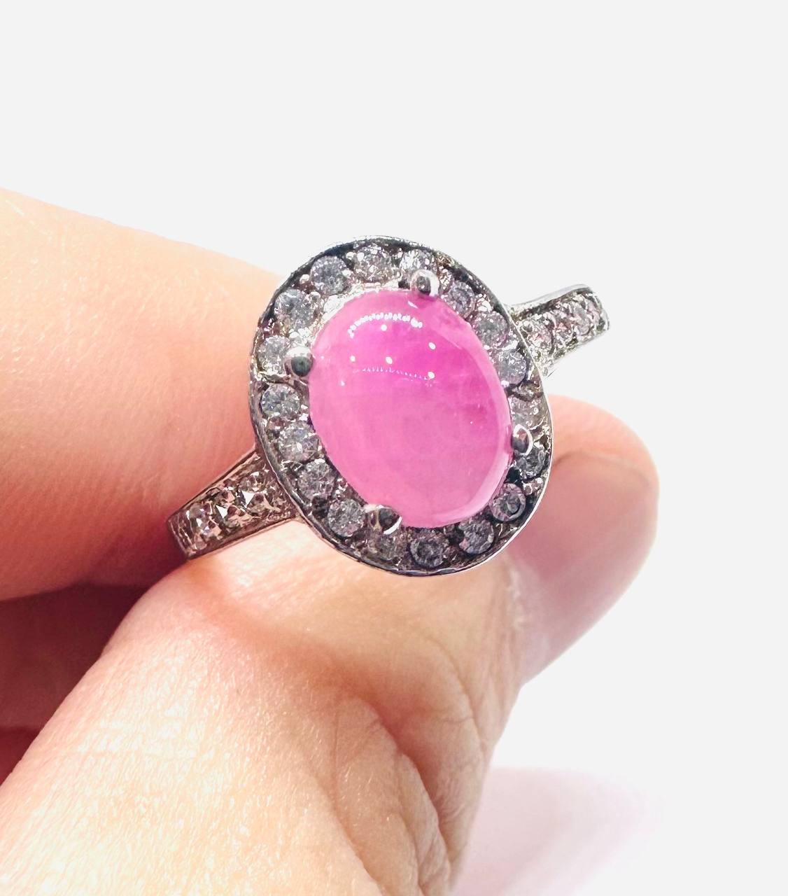 925 Sterling Silver (Stamped), White Gold Plated Natural Cabochon Ruby Ring — Handcrafted 4