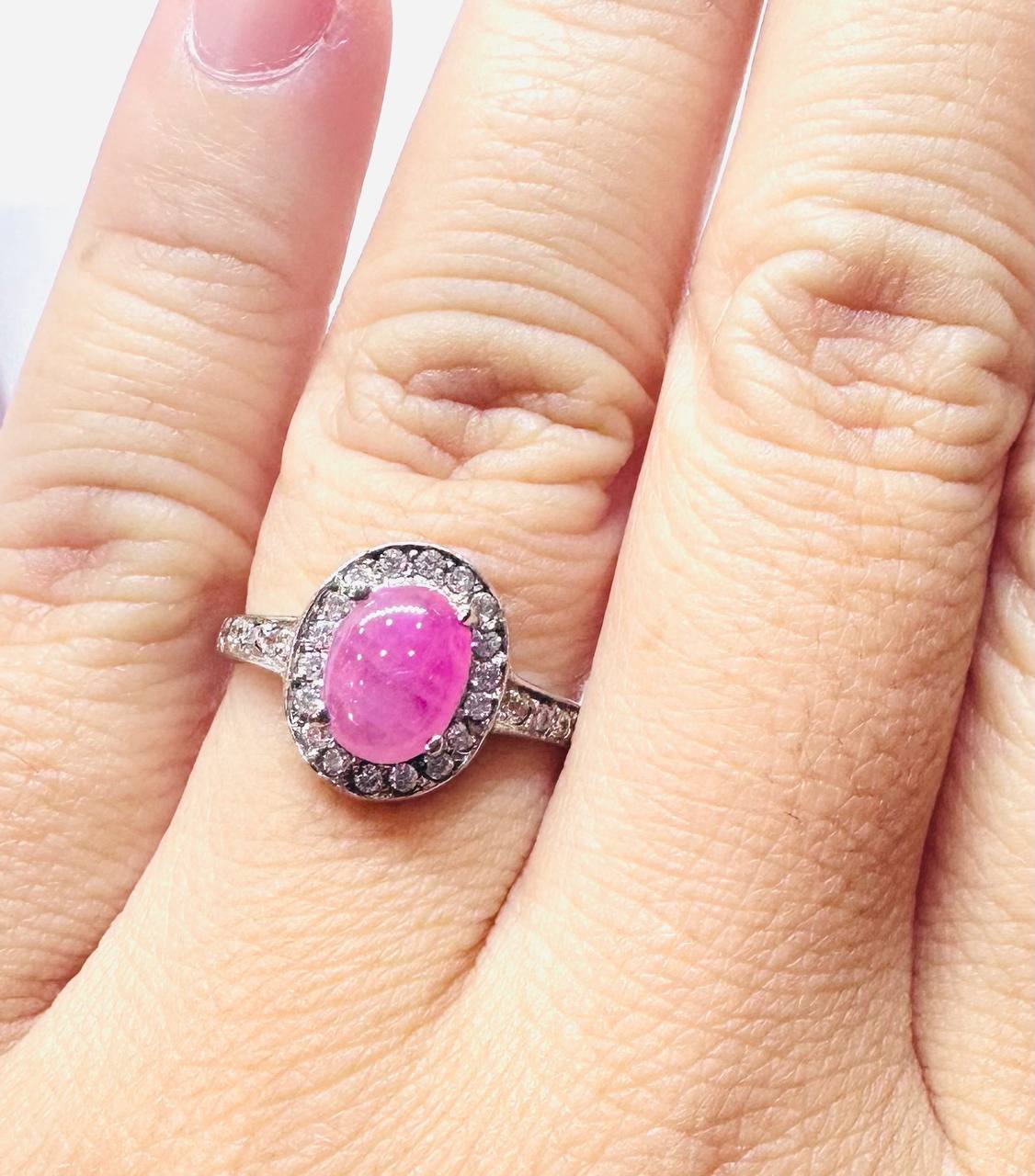 925 Sterling Silver (Stamped), White Gold Plated Natural Cabochon Ruby Ring — Handcrafted 5