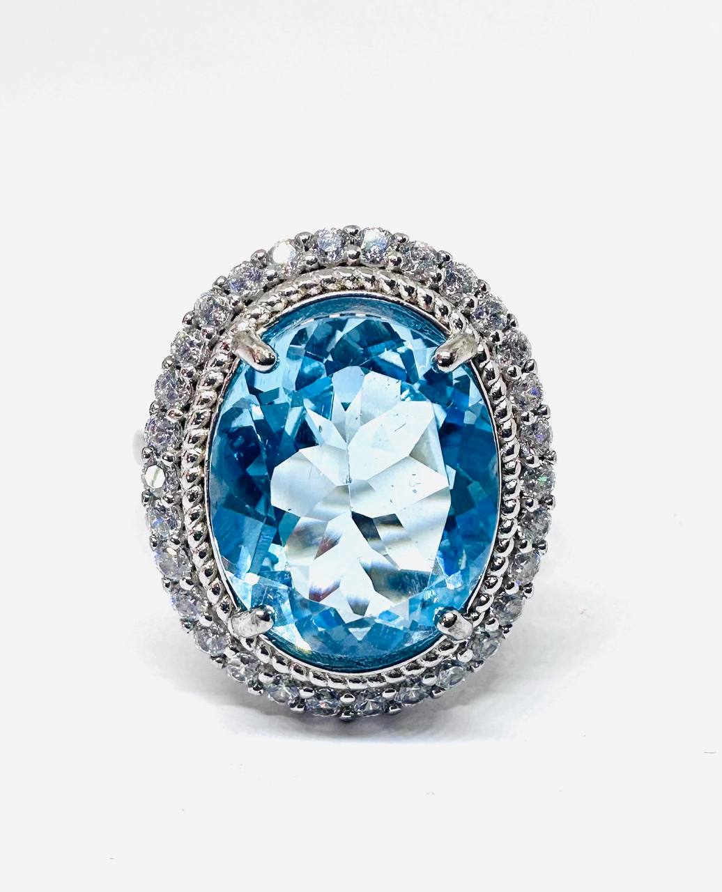 925 Sterling Silver, White Gold Plated Natural Blue Topaz Ring with Swiss Diamonds — Handcrafted