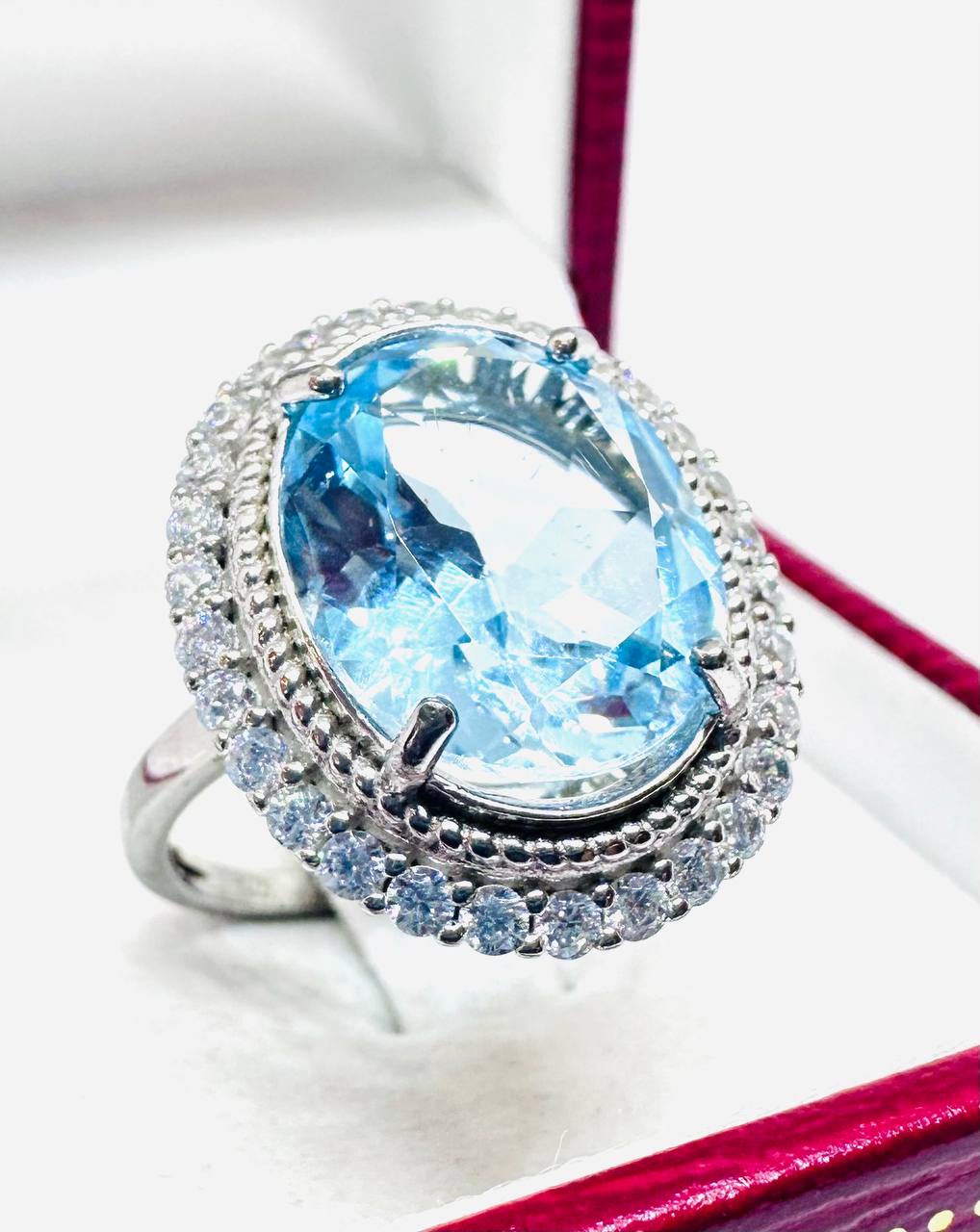 925 plata de ley, chapado en oro blanco topacio azul natural anillo con Swiss diamantes 2