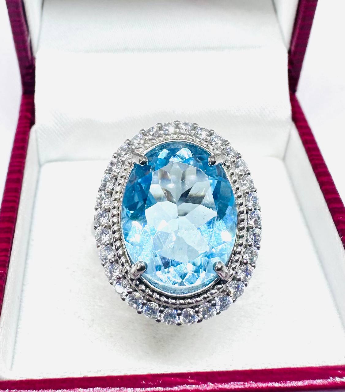 925 plata de ley, chapado en oro blanco topacio azul natural anillo con Swiss diamantes 3