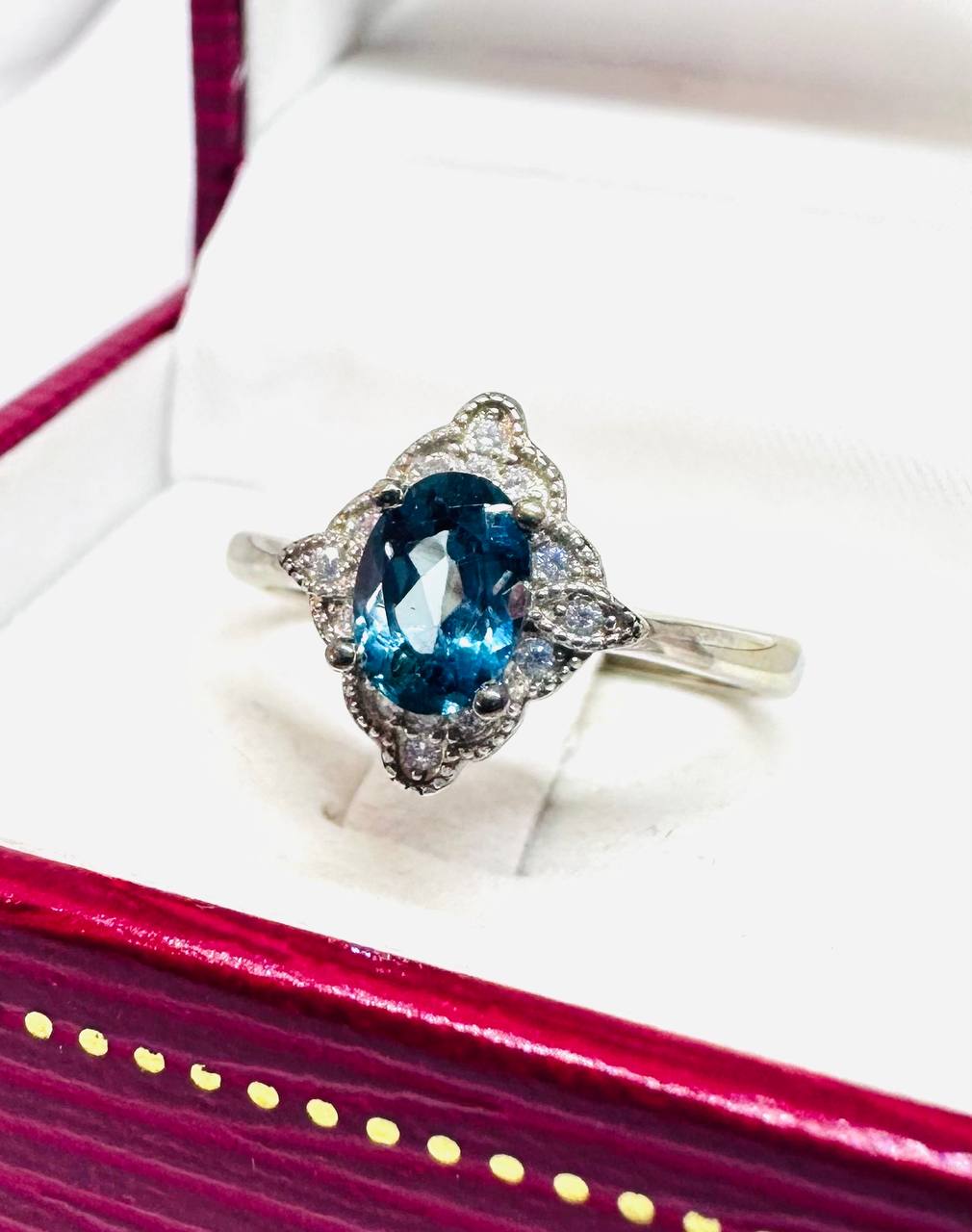 925 Sterling Silver, White Gold Plated Natural Blue London Topaz Ring — Handcrafted 2