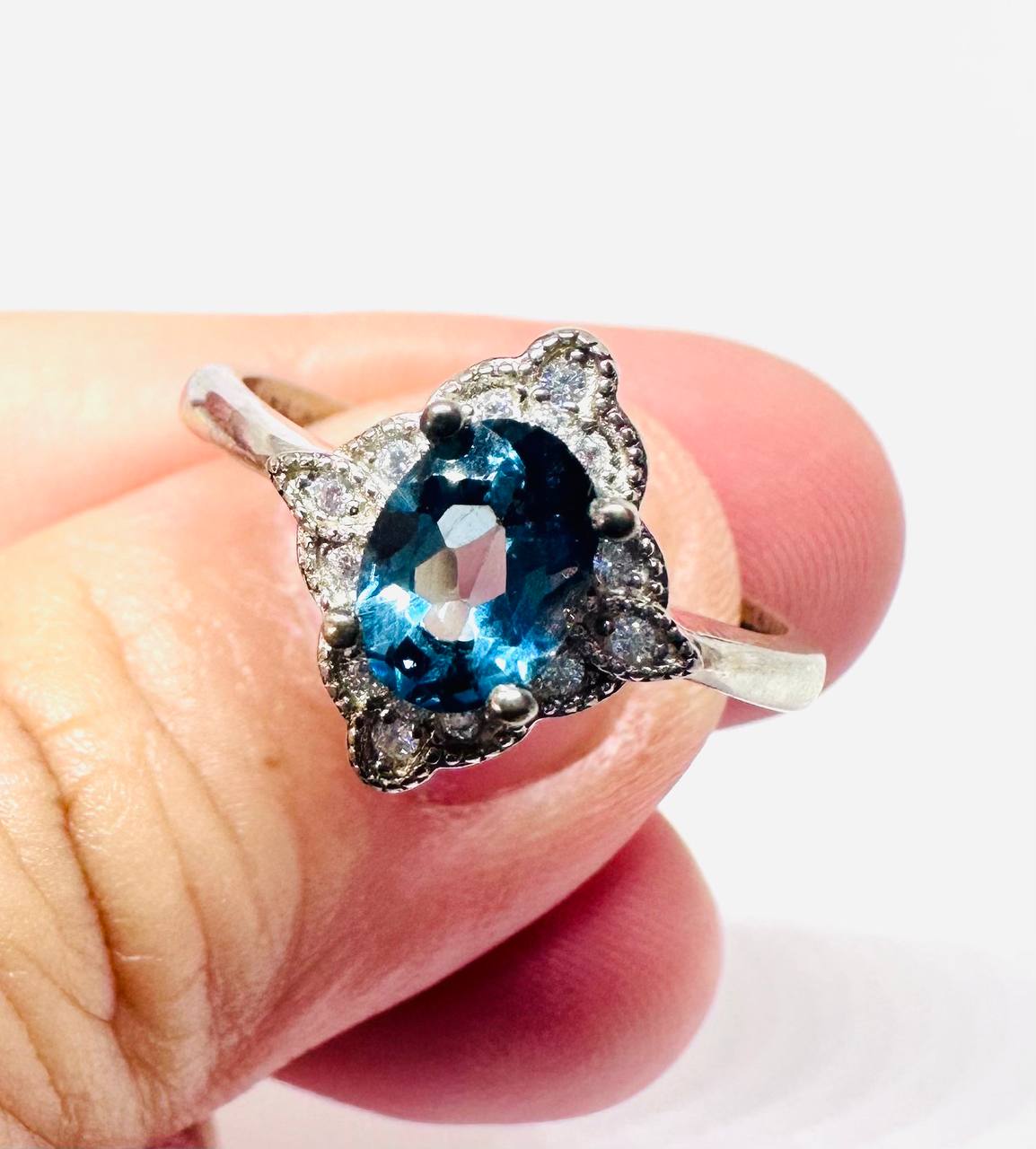925 Sterling Silver, White Gold Plated Natural Blue London Topaz Ring — Handcrafted 3