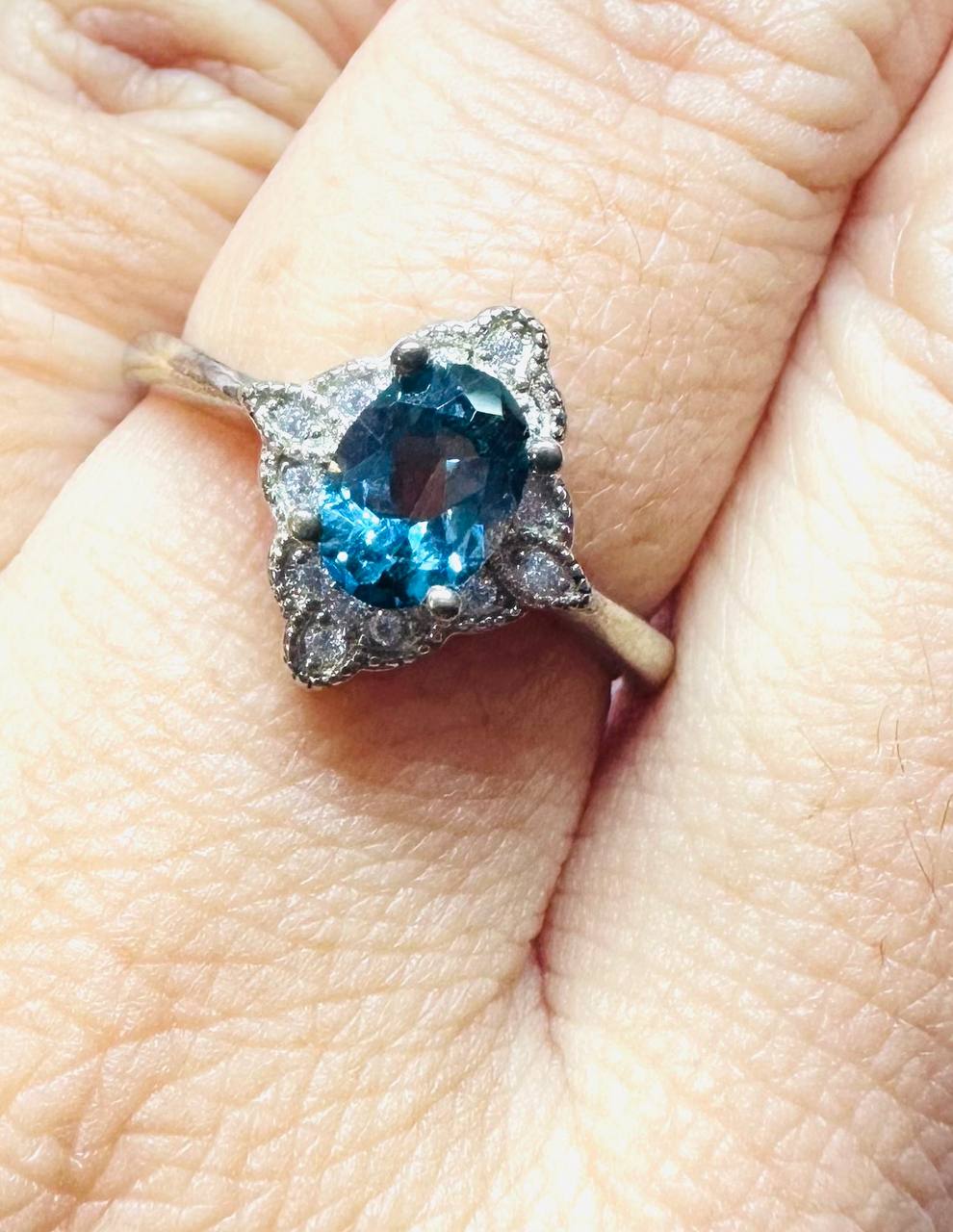 925 Sterling Silver, White Gold Plated Natural Blue London Topaz Ring — Handcrafted 4
