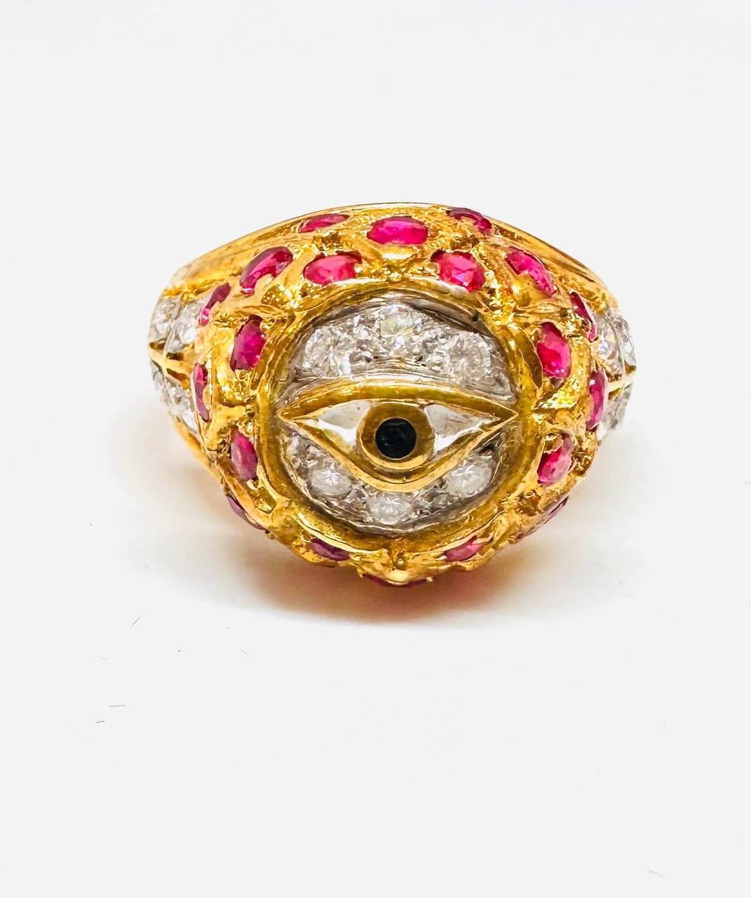 90% Gold (22K) Natural Ruby Eye Ring with Belgian Diamonds — Handcrafted