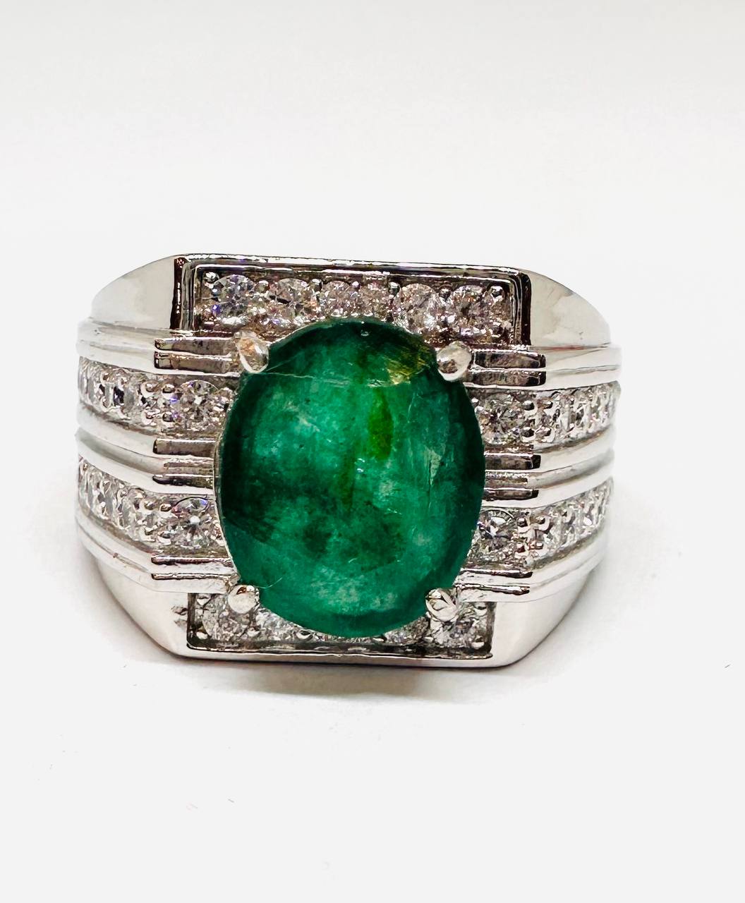 925 Sterling Silver, White Gold Plated Natural Zambian Emerald Ring with Swiss Diamonds — Handcrafted