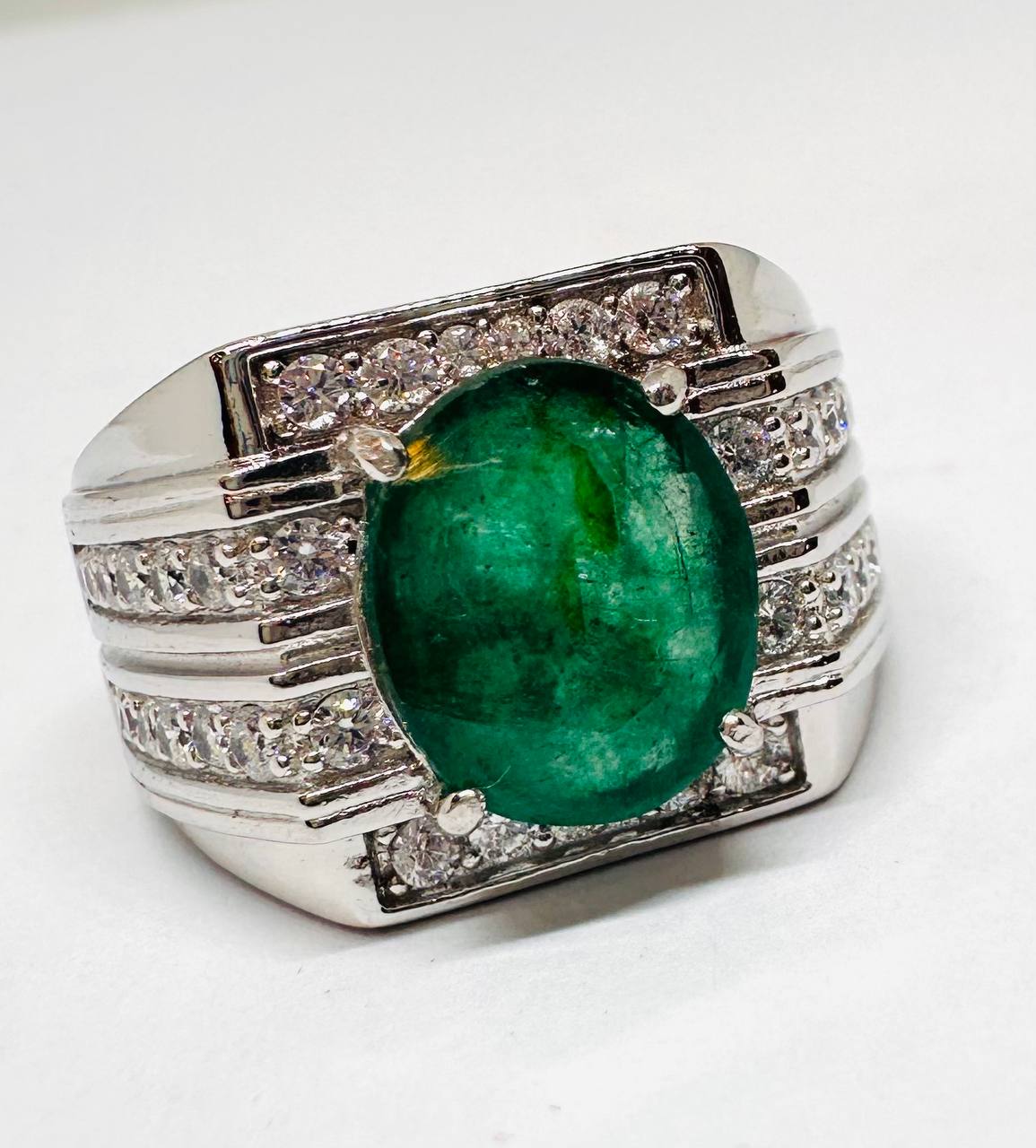 925 Sterling Silver, White Gold Plated Natural Zambian Emerald Ring with Swiss Diamonds — Handcrafted 2