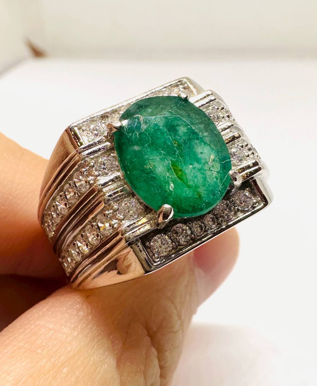 925 Sterling Silver, White Gold Plated Natural Zambian Emerald Ring with Swiss Diamonds — Handcrafted 3