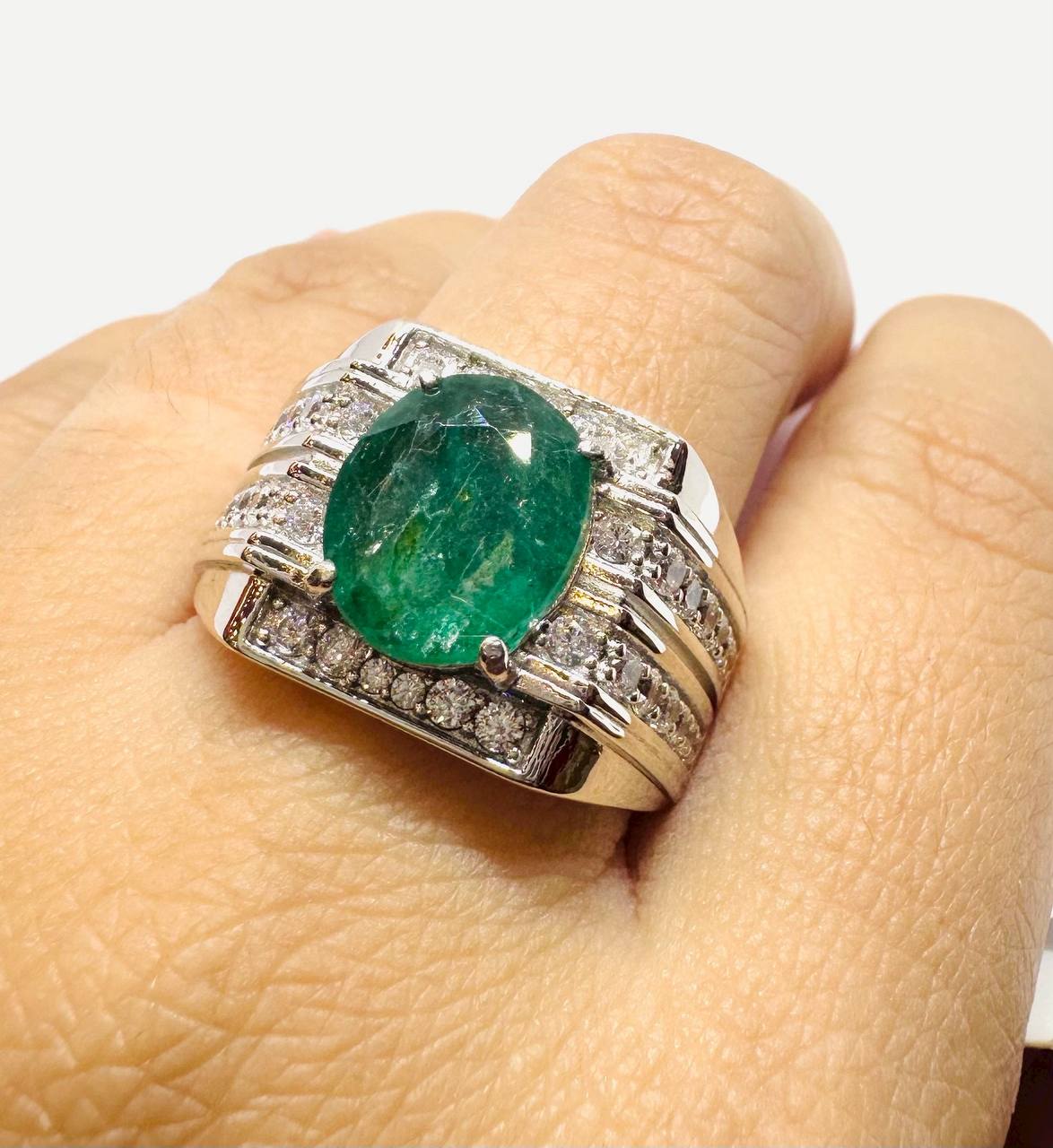 925 Sterling Silver, White Gold Plated Natural Zambian Emerald Ring with Swiss Diamonds — Handcrafted 4