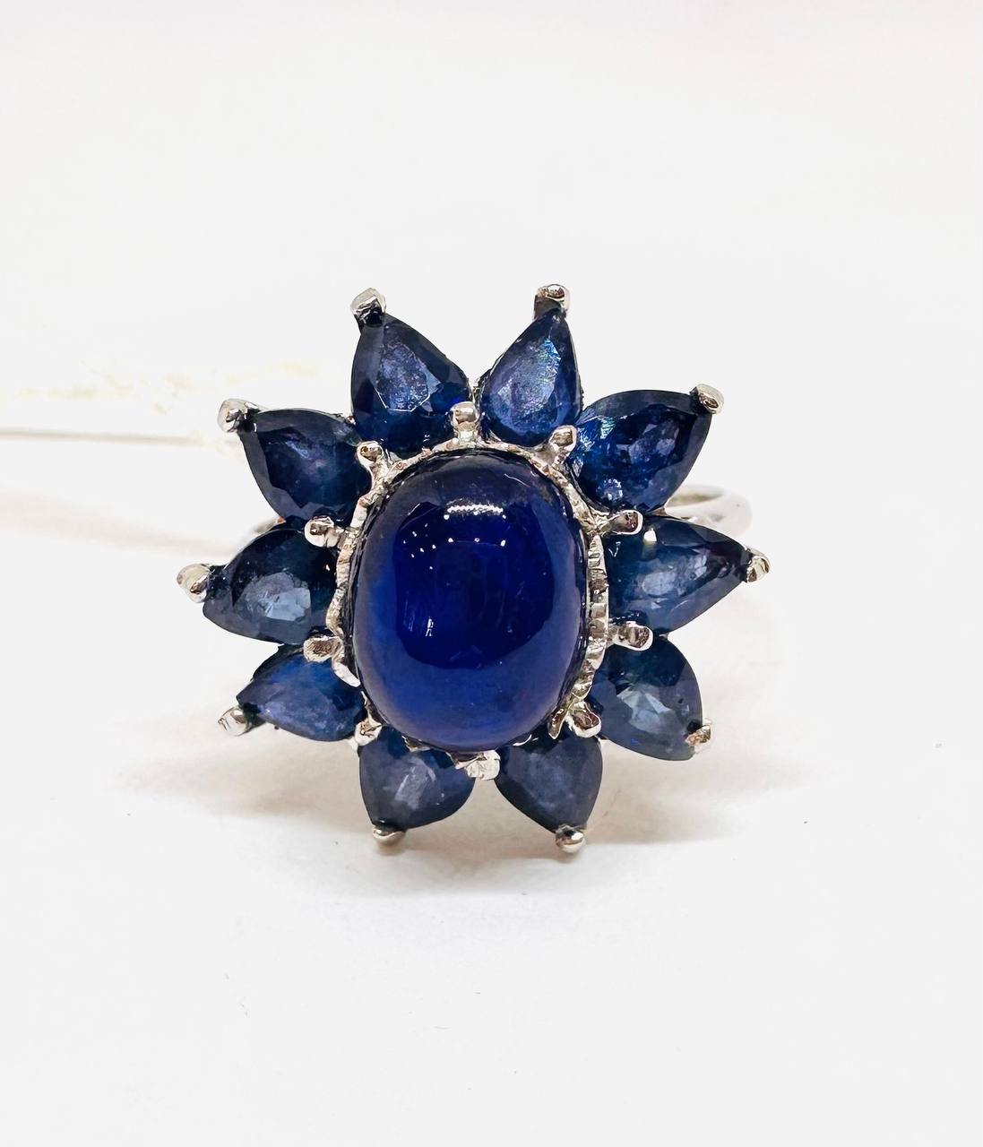 925 Sterling Silver, White Gold Plated Natural Cabochon Teardrop Sapphire Ring — Handcrafted