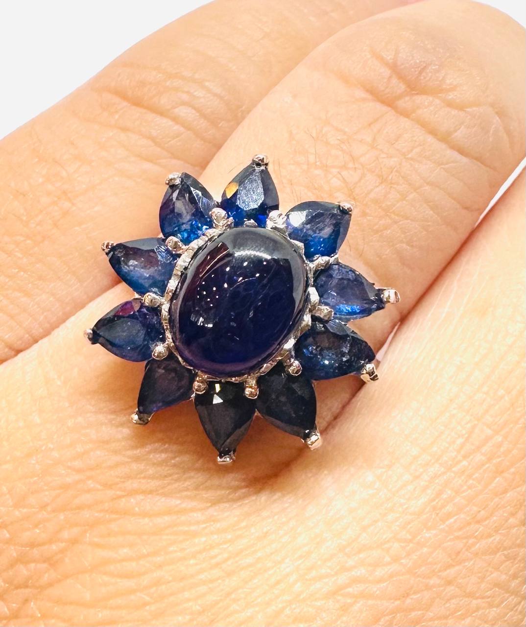 925 Sterling Silver, White Gold Plated Natural Cabochon Teardrop Sapphire Ring — Handcrafted 2