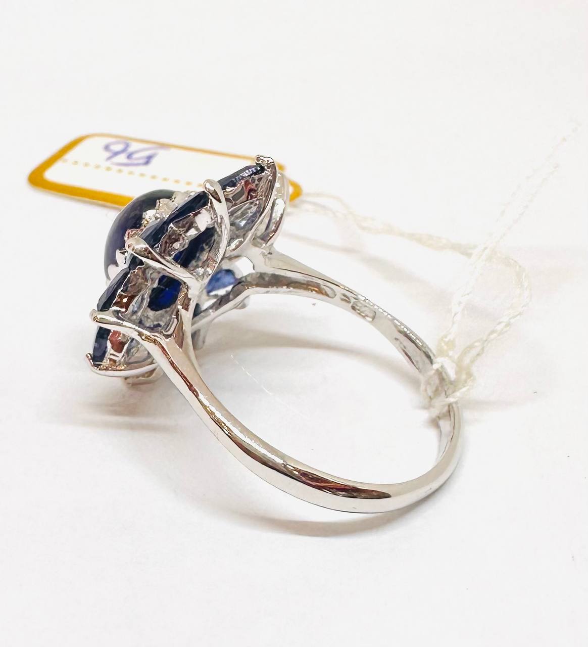925 Sterling Silver, White Gold Plated Natural Cabochon Teardrop Sapphire Ring — Handcrafted 3