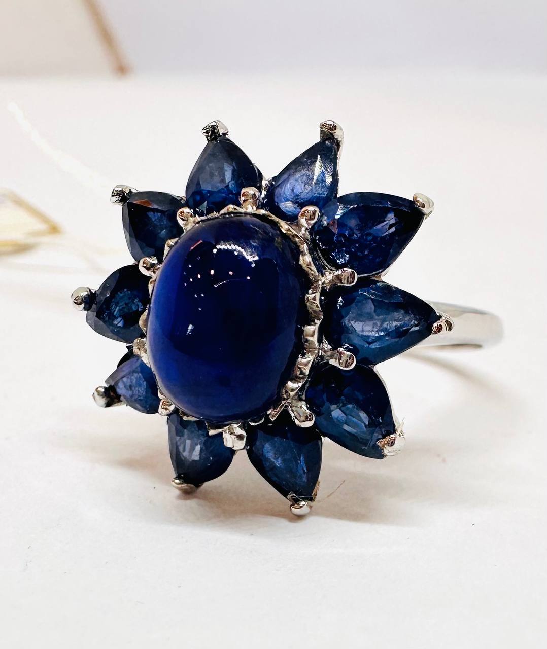 925 Sterling Silver, White Gold Plated Natural Cabochon Teardrop Sapphire Ring — Handcrafted 4