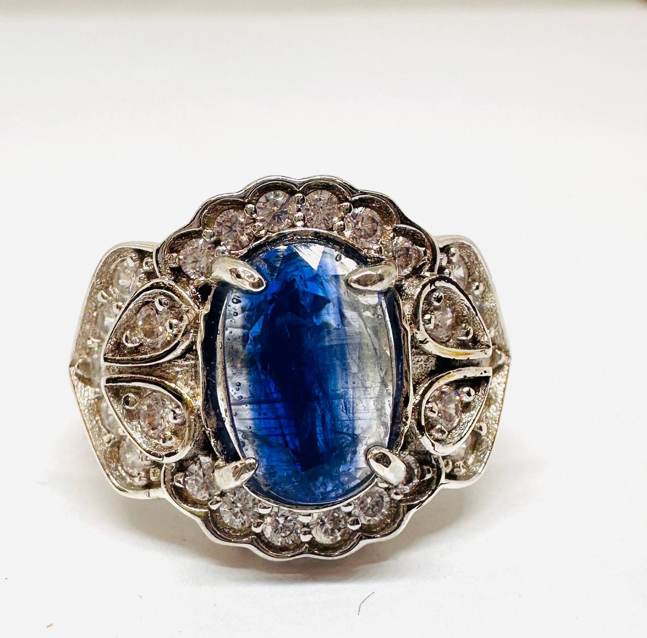 925 Sterling Silver, White Gold Plated Natural Sapphire Ring with Swiss Diamonds — Handcrafted