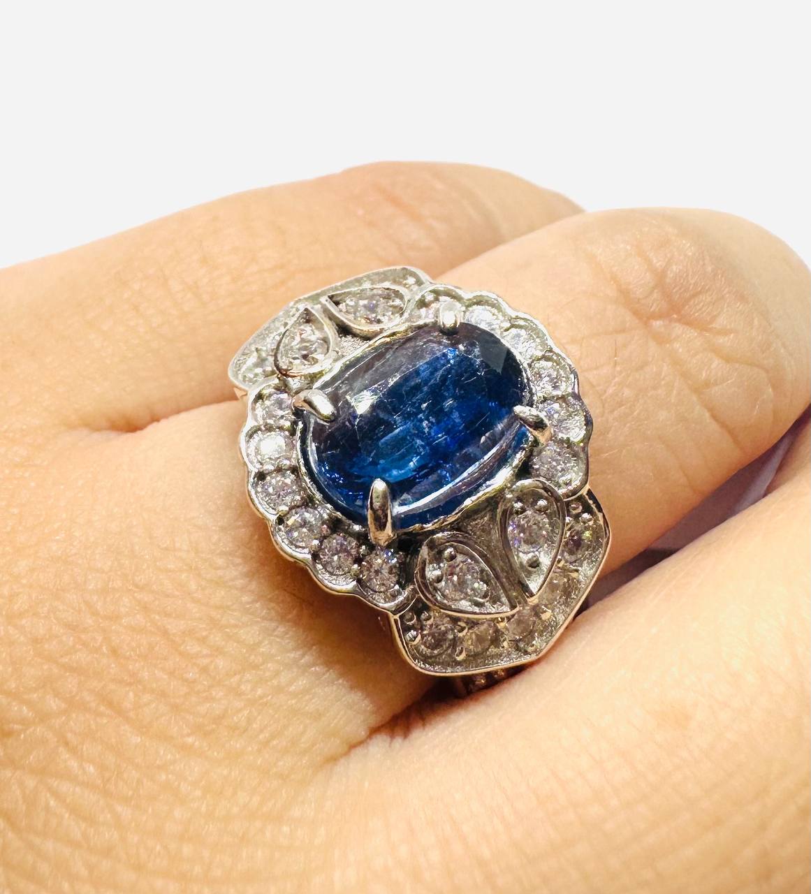 925 Sterling Silver, White Gold Plated Natural Sapphire Ring with Swiss Diamonds — Handcrafted 2