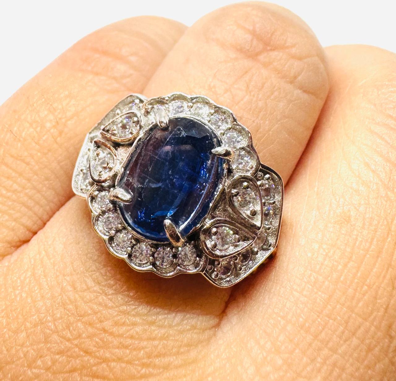 925 Sterling Silver, White Gold Plated Natural Sapphire Ring with Swiss Diamonds — Handcrafted 3
