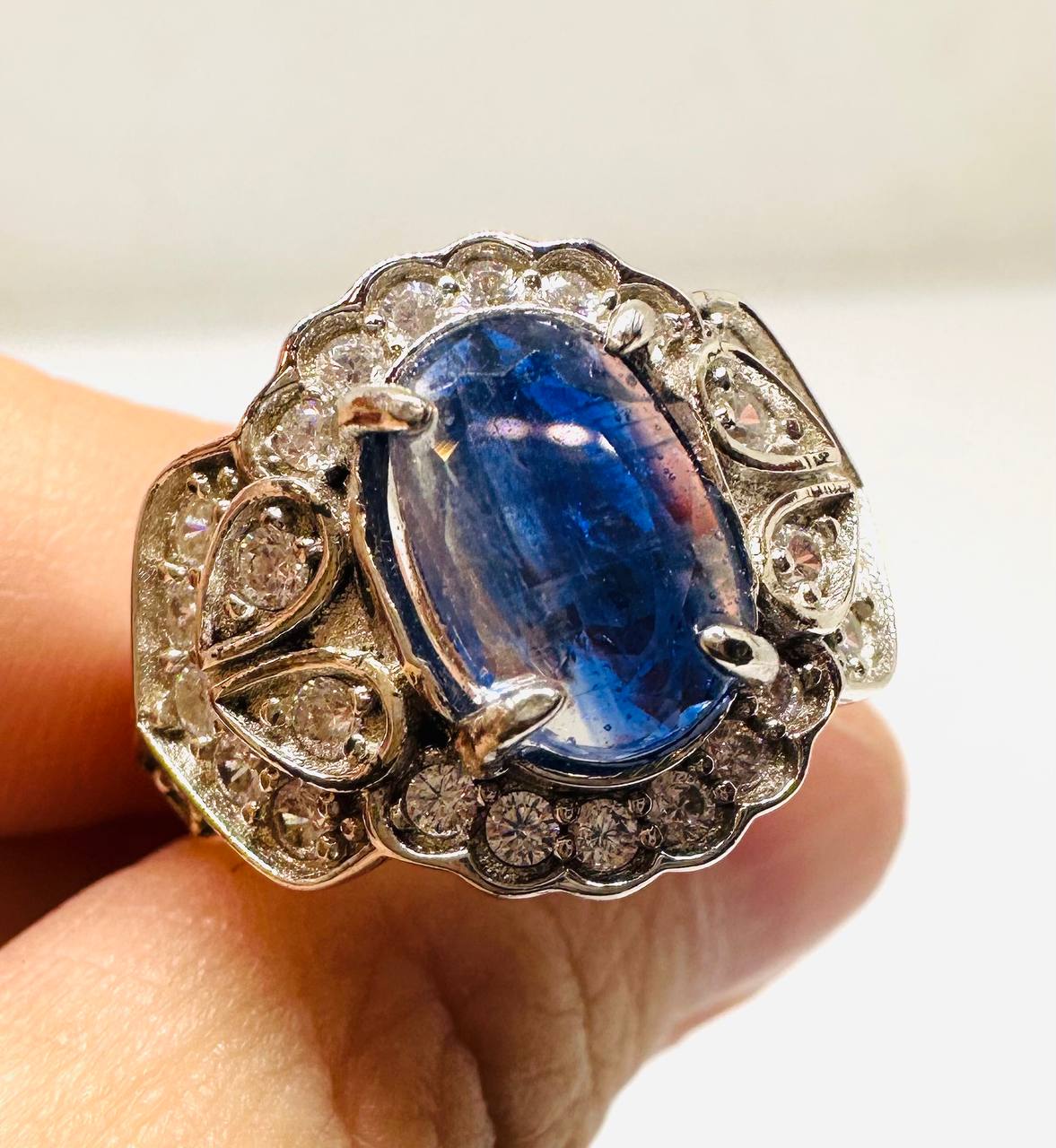 925 Sterling Silver, White Gold Plated Natural Sapphire Ring with Swiss Diamonds — Handcrafted 4