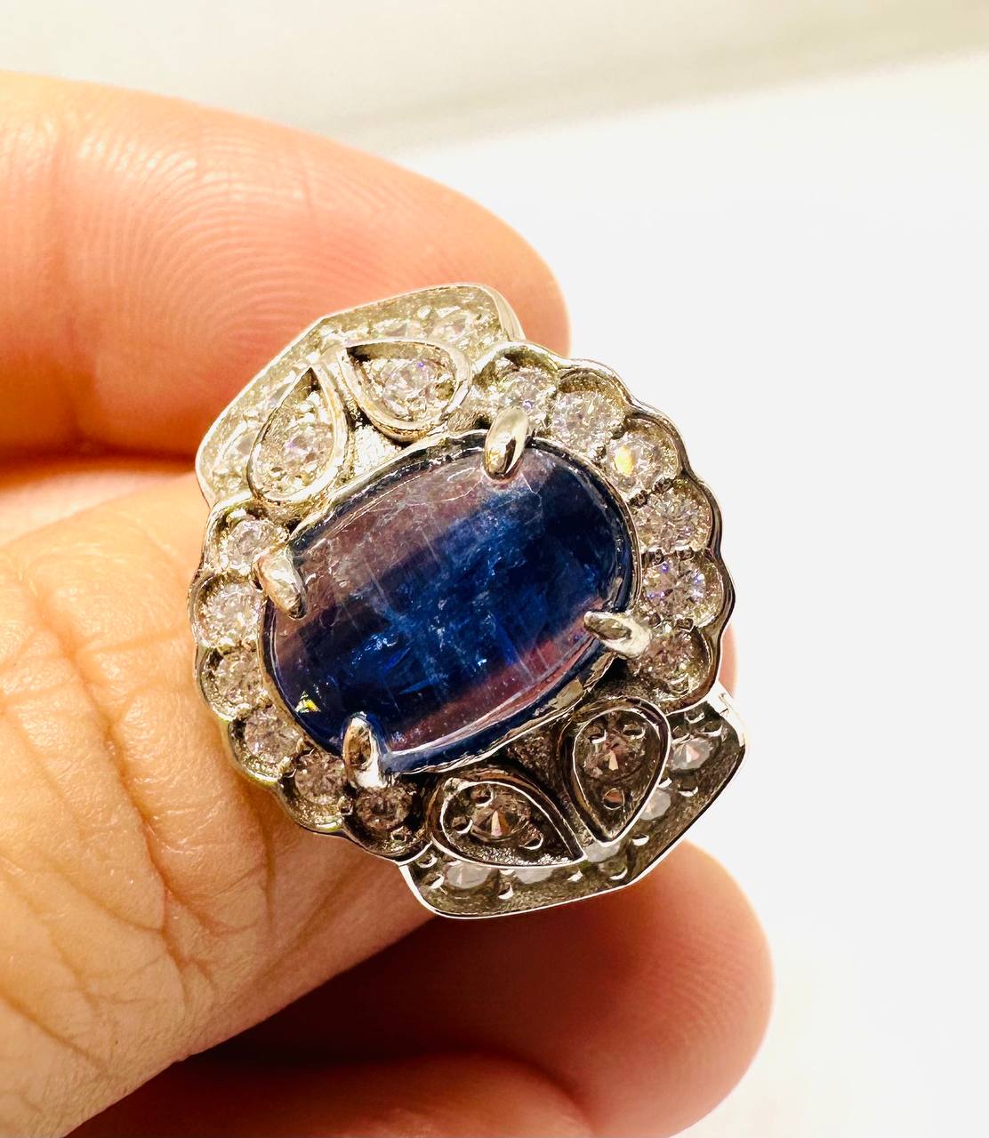 925 Sterling Silver, White Gold Plated Natural Sapphire Ring with Swiss Diamonds — Handcrafted 5