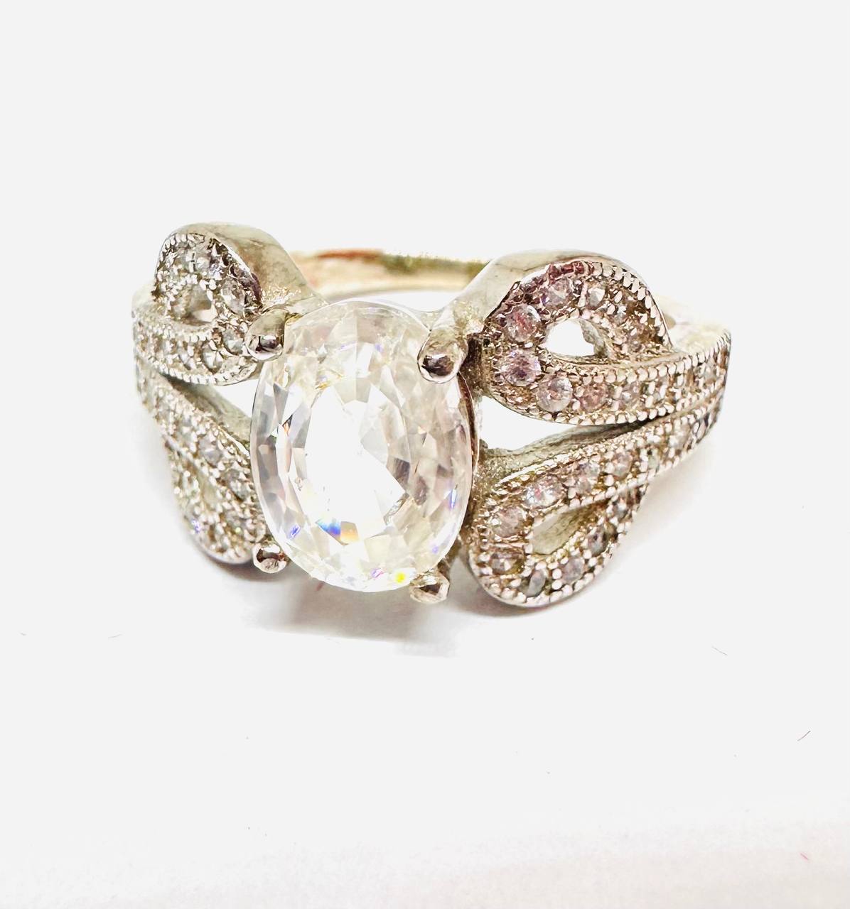 925 Sterling Silver, White Gold Plated White Faceted Zircon Ring with Swiss Diamonds — Handcrafted