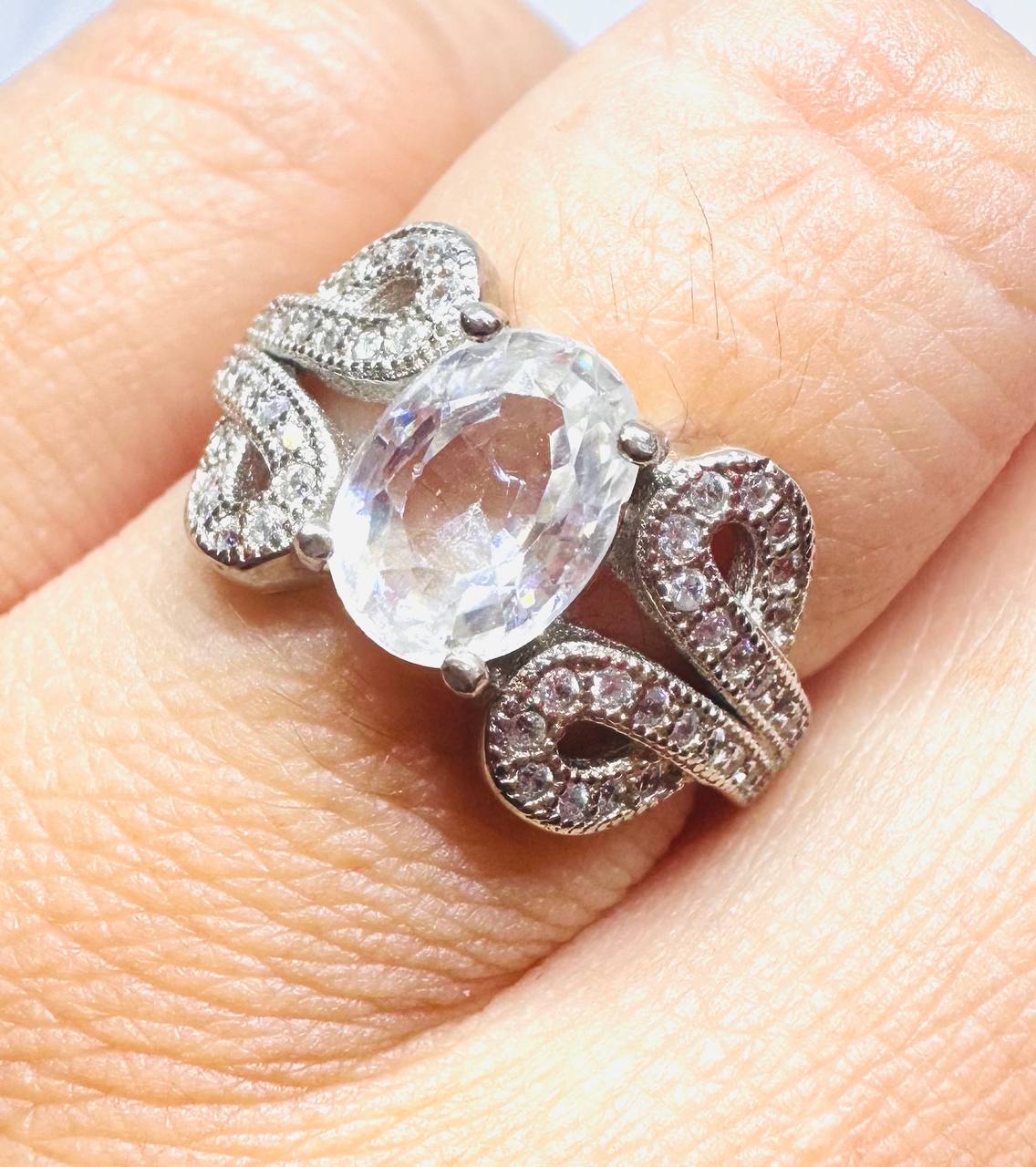 925 Sterling Silver, White Gold Plated White Faceted Zircon Ring with Swiss Diamonds — Handcrafted 2