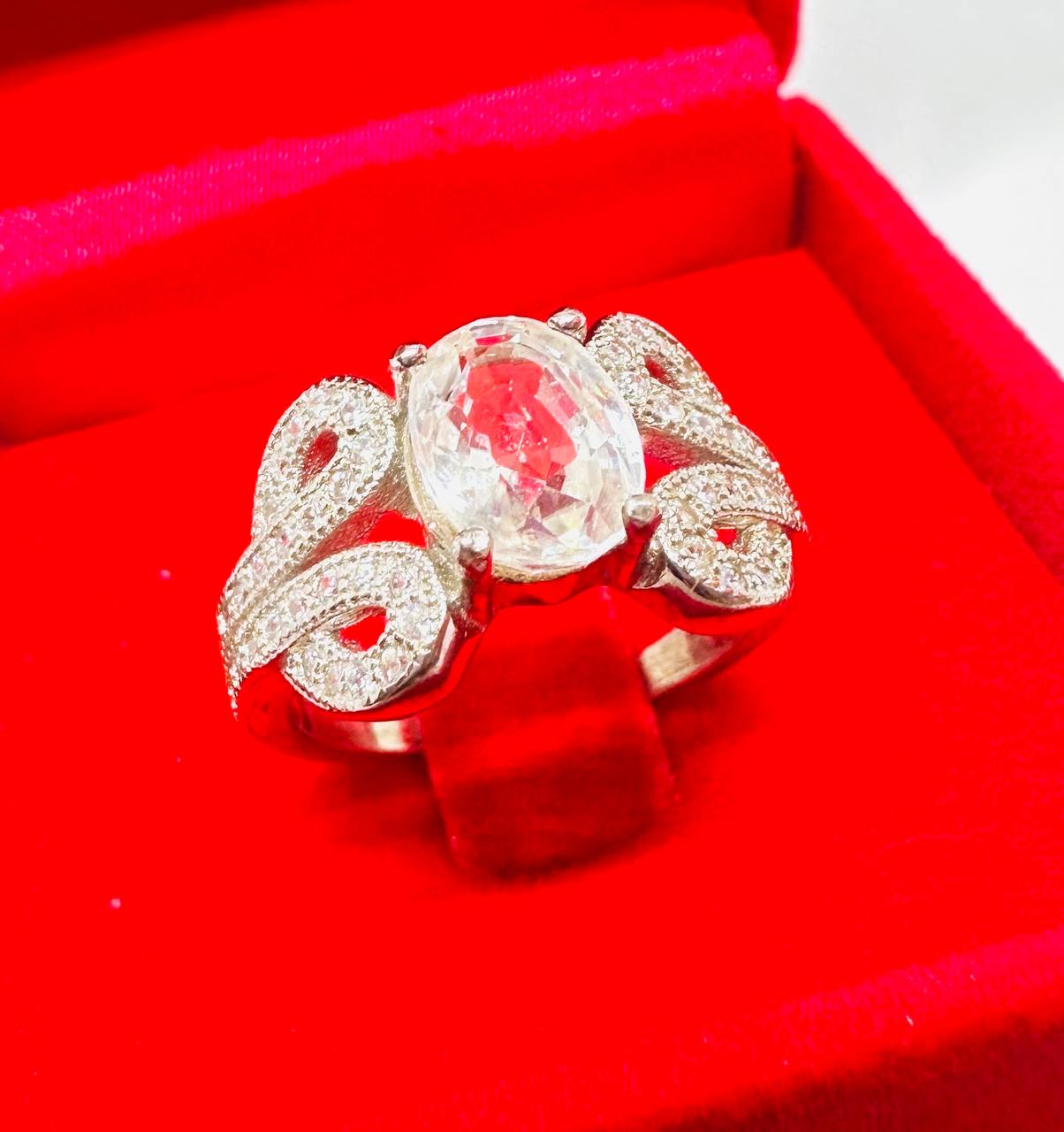 925 Sterling Silver, White Gold Plated White Faceted Zircon Ring with Swiss Diamonds — Handcrafted 3