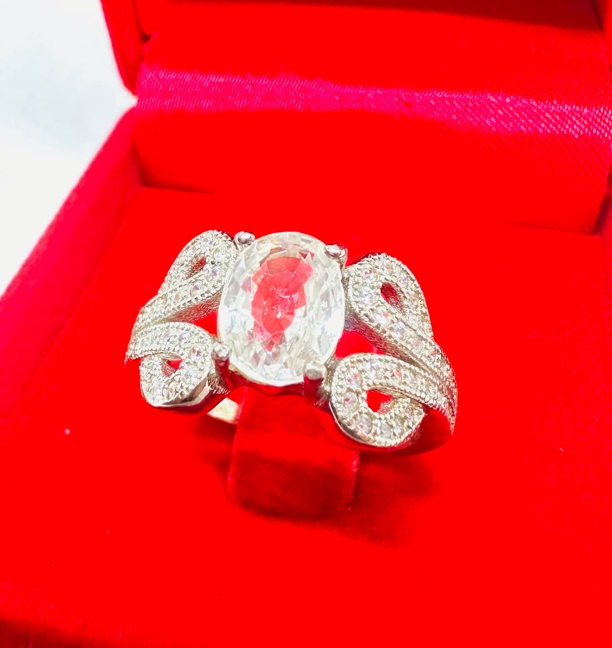 925 Sterling Silver, White Gold Plated White Faceted Zircon Ring with Swiss Diamonds — Handcrafted 4