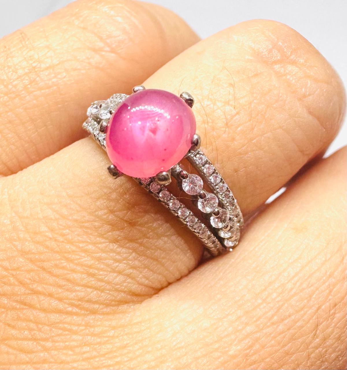 925 Sterling Silver, White Gold Plated Natural Ruby Ring with Swiss Diamonds — Handcrafted