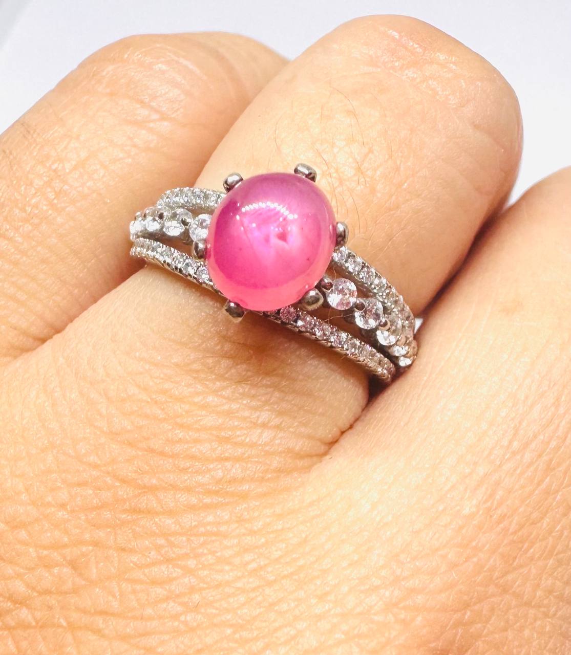 925 Sterling Silver, White Gold Plated Natural Ruby Ring with Swiss Diamonds — Handcrafted 4