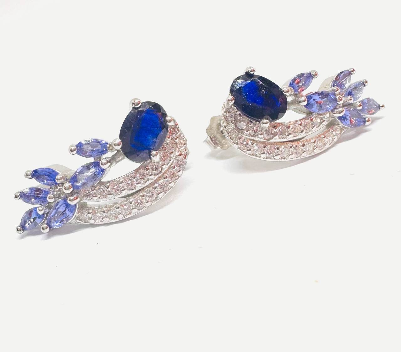 925 Sterling Silver (Stamped), White Gold Plated Natural Sapphire & Tanzanite Wing Drop Earrings with Cubic Zirconia — Handcrafted
