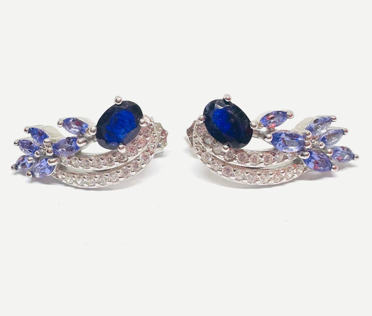 925 Sterling Silver (Stamped), White Gold Plated Natural Sapphire & Tanzanite Wing Drop Earrings with Cubic Zirconia — Handcrafted 2