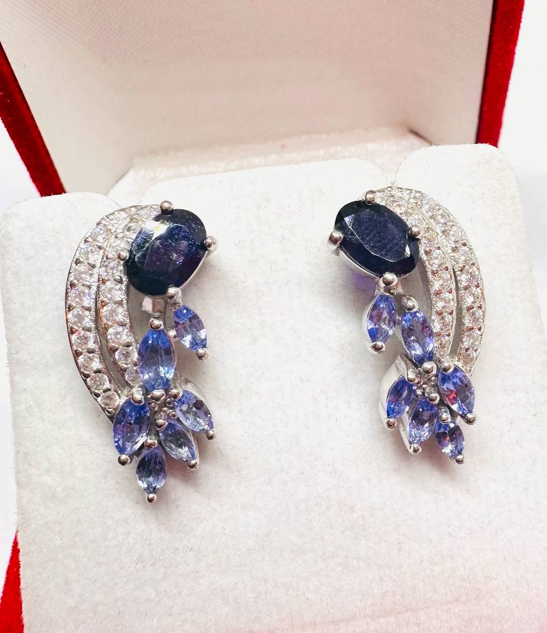 925 Sterling Silver (Stamped), White Gold Plated Natural Sapphire & Tanzanite Wing Drop Earrings with Cubic Zirconia — Handcrafted 4