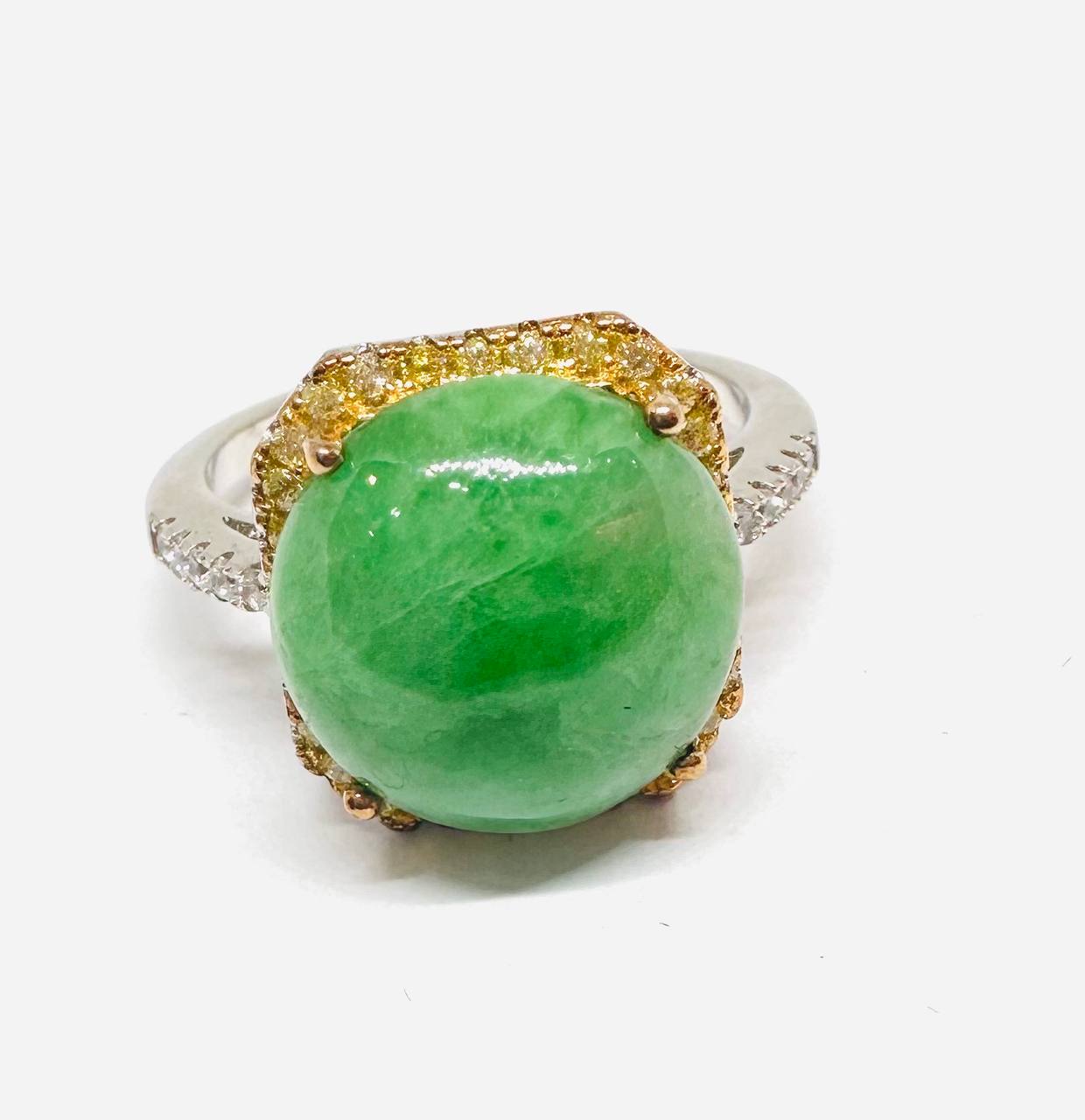 925 Sterling Silver (Stamped), White Gold Plated Natural Jade Ring with Swiss Diamonds — Handcrafted
