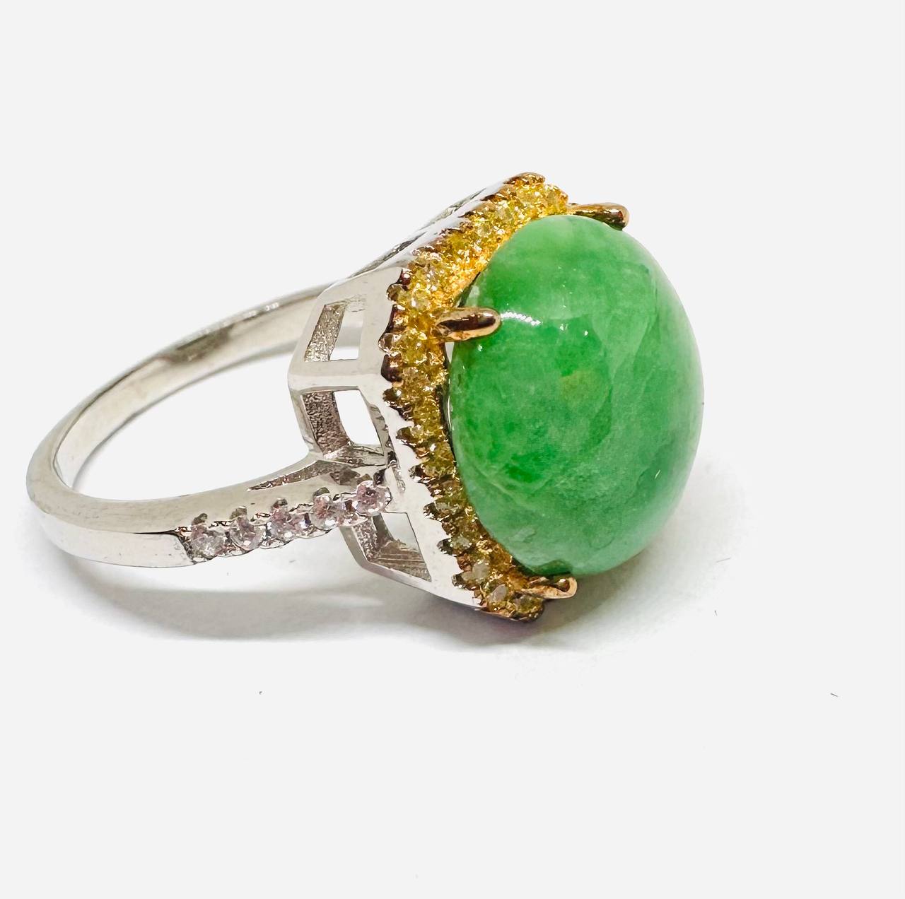 925 Sterling Silver (Stamped), White Gold Plated Natural Jade Ring with Swiss Diamonds — Handcrafted 2