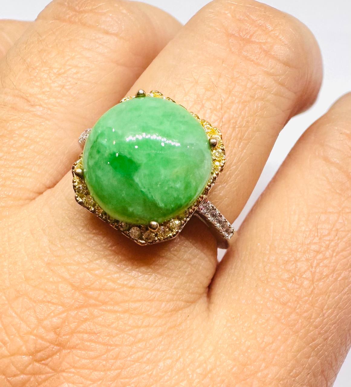 925 Sterling Silver (Stamped), White Gold Plated Natural Jade Ring with Swiss Diamonds — Handcrafted 3