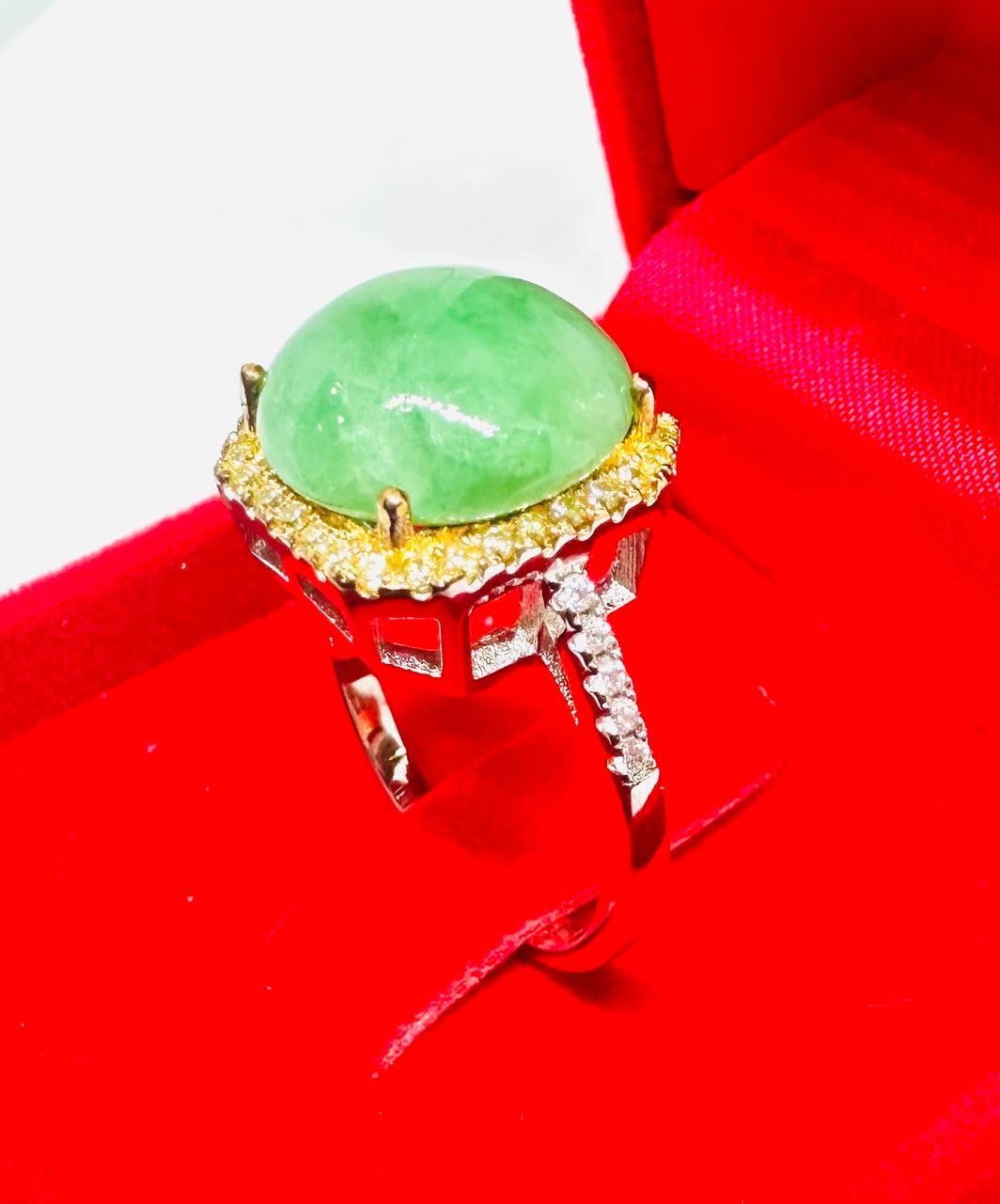 925 Sterling Silver (Stamped), White Gold Plated Natural Jade Ring with Swiss Diamonds — Handcrafted 4