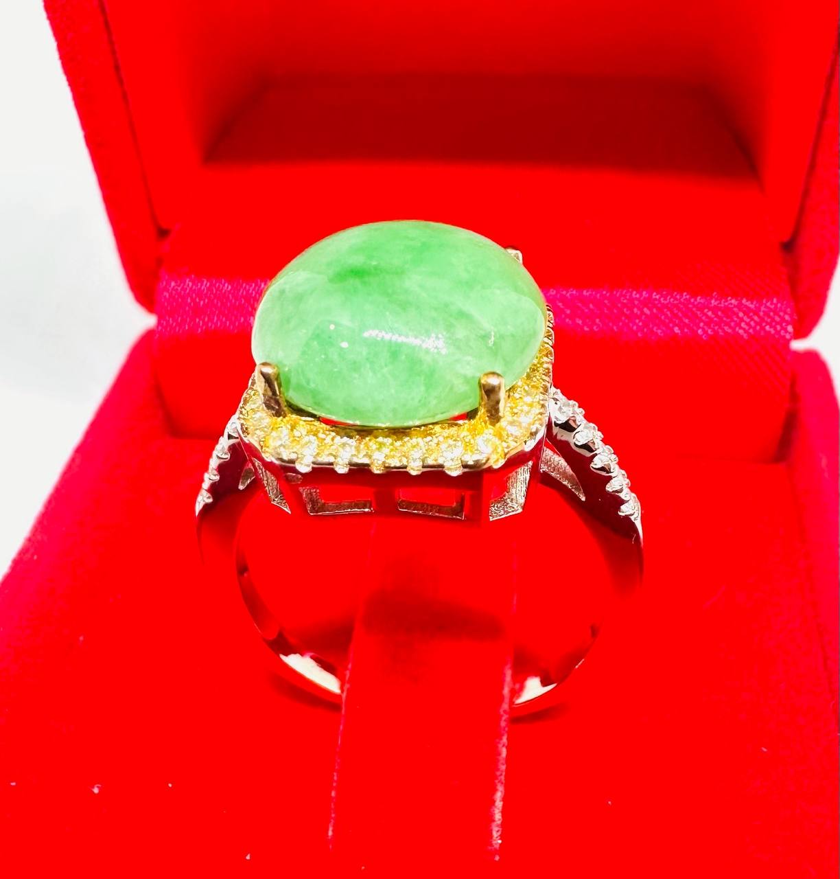 925 Sterling Silver (Stamped), White Gold Plated Natural Jade Ring with Swiss Diamonds — Handcrafted 5