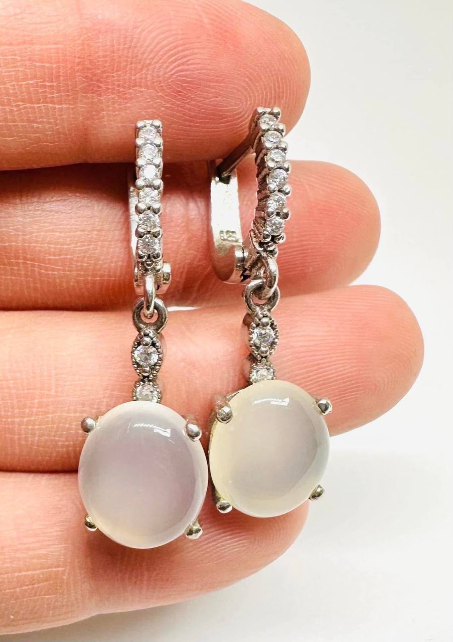 925 Sterling Silver, White Gold Plated Natural Moonstone Drop Earrings — Handcrafted